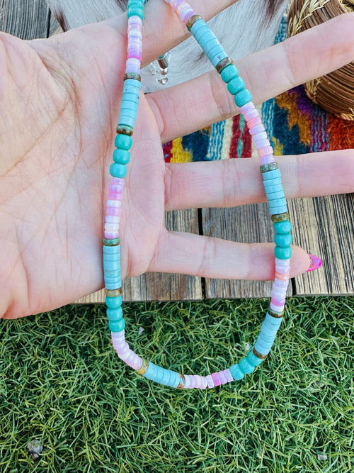 Handcrafted Queen Pink Conch, Turquoise & Sterling Silver 18” Beaded Necklace