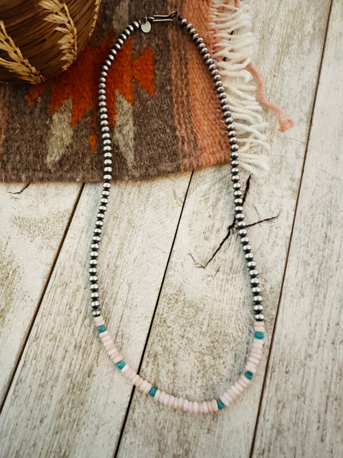 Navajo Sterling Silver Pearl, Queen Pink Conch & Turquoise Beaded Necklaces