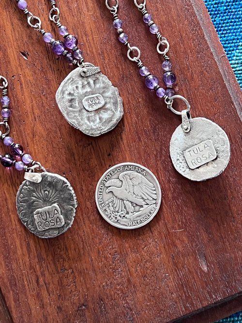 Tularosa Rosary Style Sterling Silver and Amethyst Relic Coin Necklace