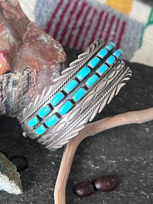 Estate Collection Vintage Sterling Silver and Kingman Turquoise Row Cuff by James Martin
