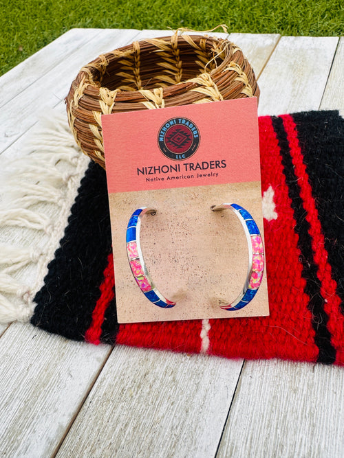 Handcrafted Old Pawn Sterling Silver & Multicolor Opal Inlay Hoop Earrings