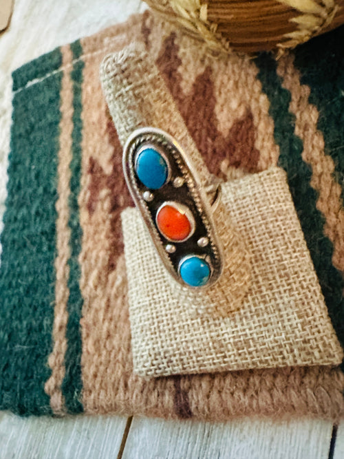 Old Pawn Turquoise, Coral and Sterling Silver Ring Size 8