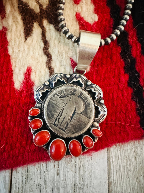 Handcrafted Sterling Silver and Coral Liberty Coin Pendant by Randy Boyd