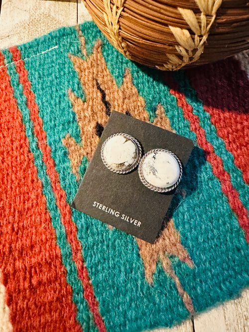 Navajo White Buffalo and Sterling Silver Circle Post Earrings