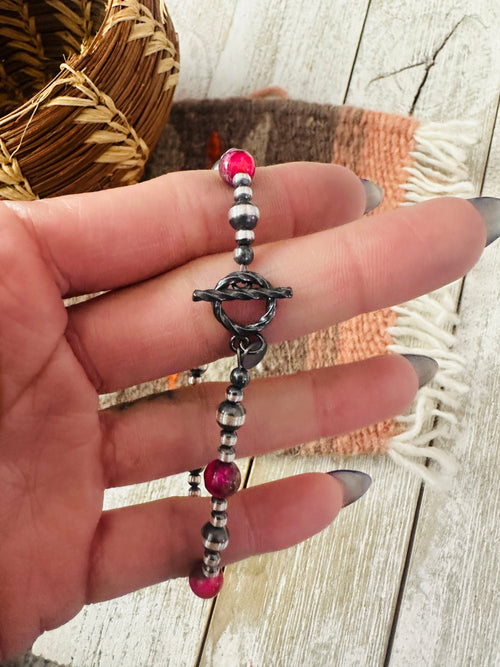 Navajo Pink Mojave and Sterling Silver Pearl Beaded Bracelet