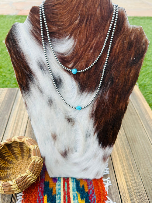 Handcrafted Turquoise & Sterling Silver Pearl 3mm Beaded Necklace