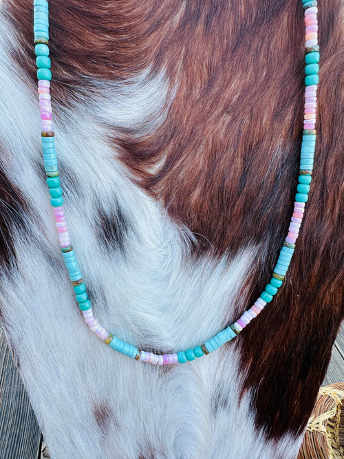 Handcrafted Queen Pink Conch, Turquoise & Sterling Silver 18” Beaded Necklace
