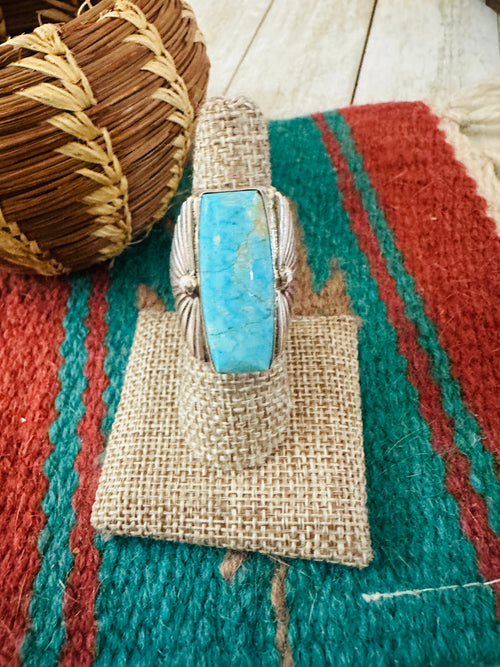 Old Pawn Handcrafted Turquoise & Sterling Silver Ring Size 9