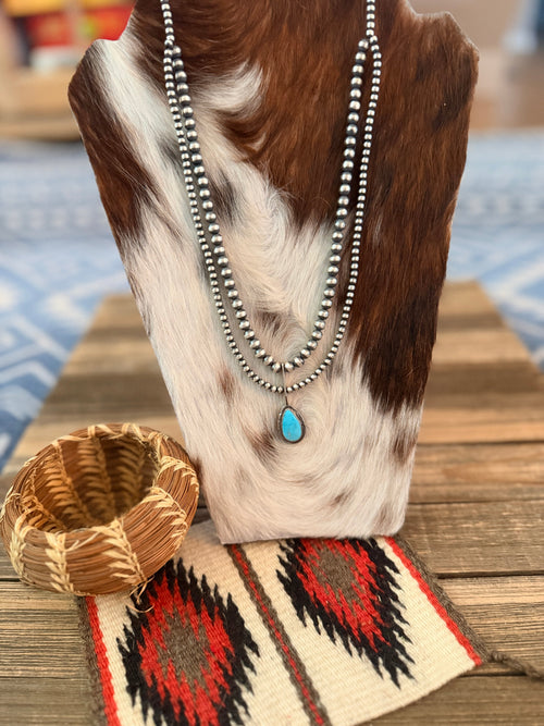Handcrafted Turquoise & Sterling Silver Pearl 24" Beaded Necklace