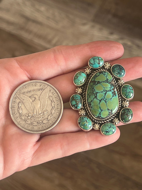 Apache Sterling Silver and Hubei Turquoise Cluster Ring by Rosella Paxson, Size 8.5
