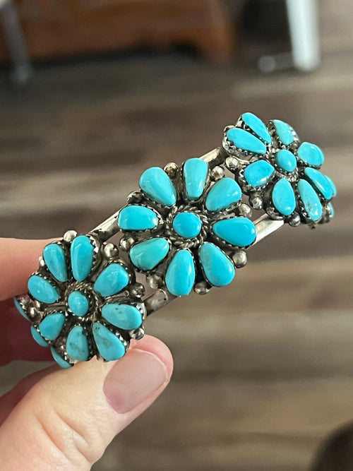 Old Pawn Navajo Sterling Silver and Mixed Turquoise Daisy Cluster Cuff Bracelet, Signed MA