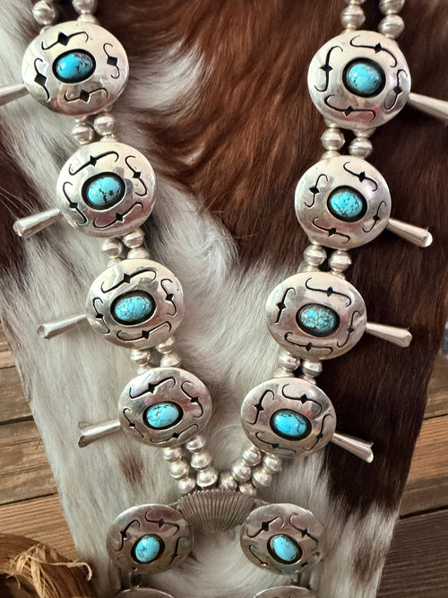 Old Pawn Handcrafted Turquoise & Sterling Silver Squash Blossom Necklace
