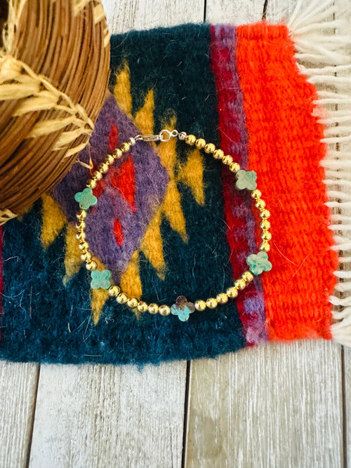Navajo Gold Plated Sterling Silver Pearl & Turquoise Beaded Bracelet
