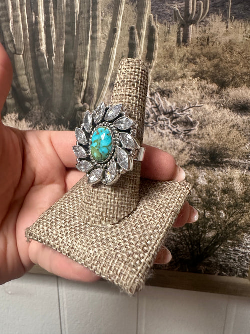 Beautiful Handmade Sonoran Mountain Turquoise , CZ And Sterling Silver Adjustable Ring