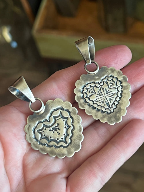 Hand Stamped Sterling Silver & Kingman Turquoise or Spiny Oyster Heart Pendants by June Delgarito
