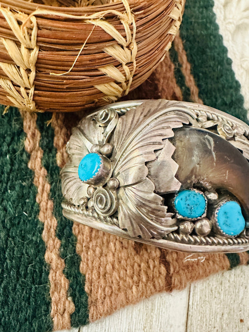 Old Pawn Navajo Turquoise, Coral & Sterling Silver Cuff Bracelet