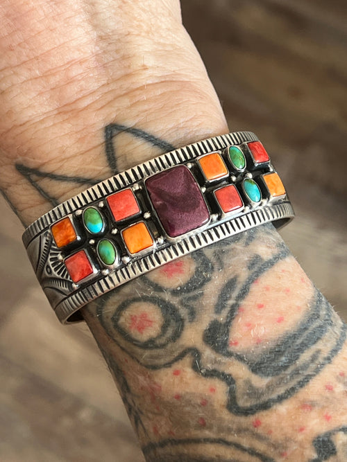 Navajo Electric Rainbow Turquoise and Spiny Oyster Cuff Bracelet by Bernyse Chavez
