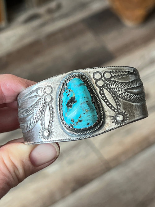 Hand Forged Old Pawn Sterling Silver Ingot Cuff Bracelet w/ Turquoise by Santa Fe Artist, Buffalo: The Spurs