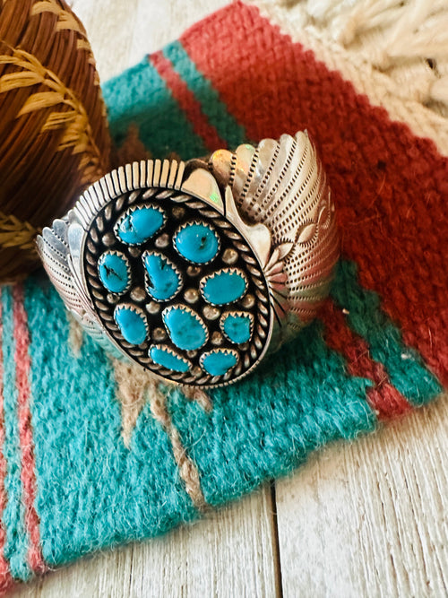 Old Pawn Navajo Sterling Silver & Turquoise Cluster Cuff Bracelet