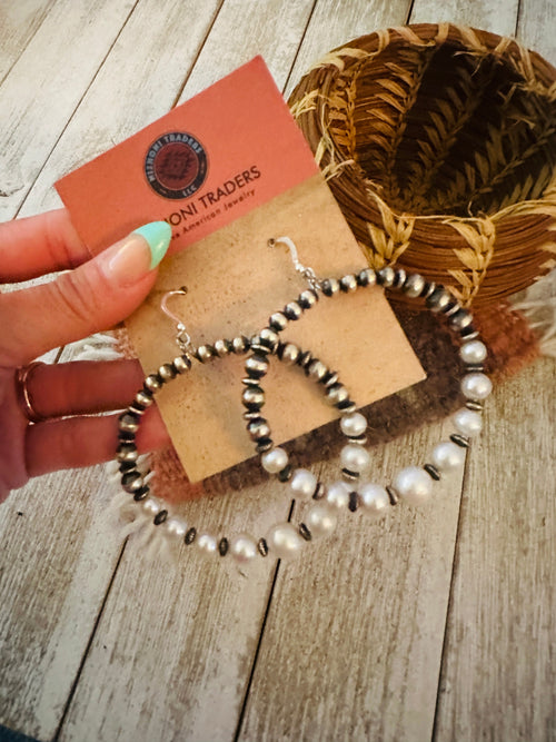 Navajo Pearl & Sterling Silver Pearl Beaded Dangle Hoop Earrings