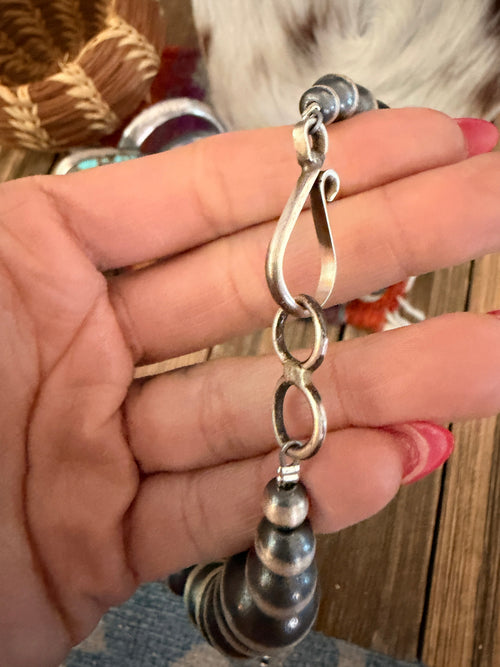 Handcrafted Number 8 Turquoise & Sterling Silver Beaded Squash Blossom Necklace by Chimney Butte