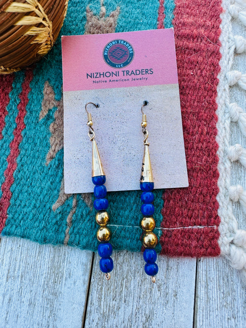 Handcrafted Old Pawn Gold Plated Sterling Silver and Lapis Beaded Dangle Earrings