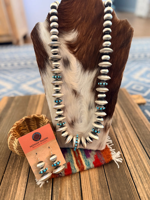 Handcrafted Turquoise & Sterling Silver Beaded Necklace and Earring Set