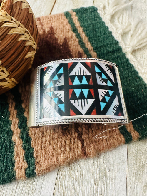 Old Pawn Zuni Multi Stone & Sterling Silver Inlay Cuff Bracelet
