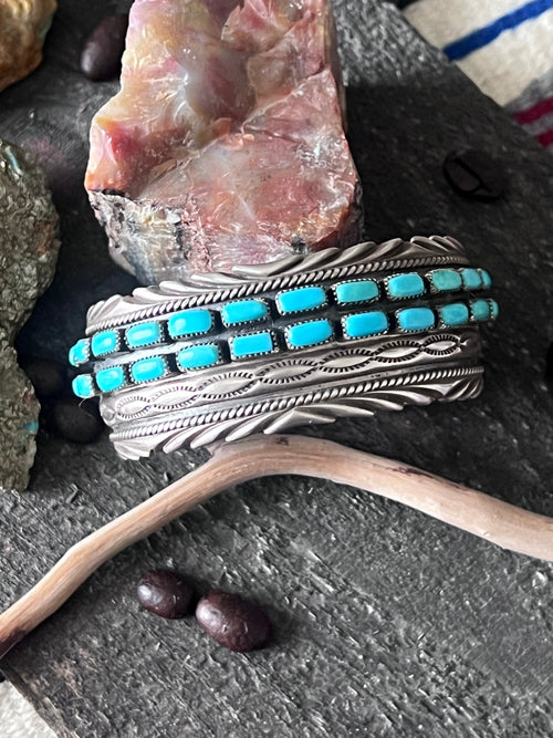 Estate Collection Vintage Sterling Silver and Kingman Turquoise Row Cuff by James Martin