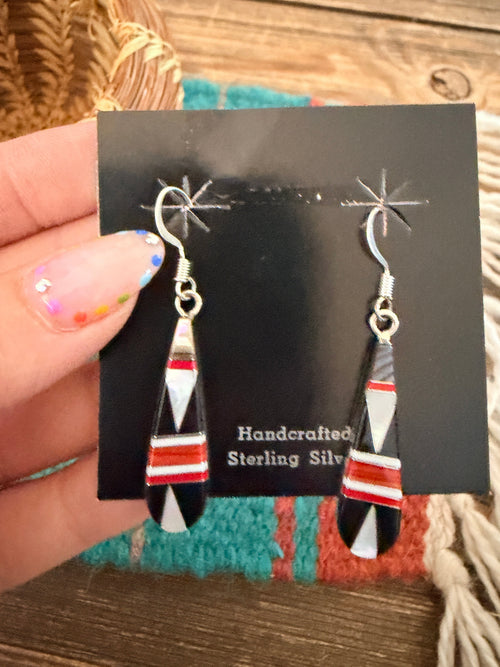 Old Pawn Handcrafted Sterling Silver & Multi Stone Inlay Dangle Earrings