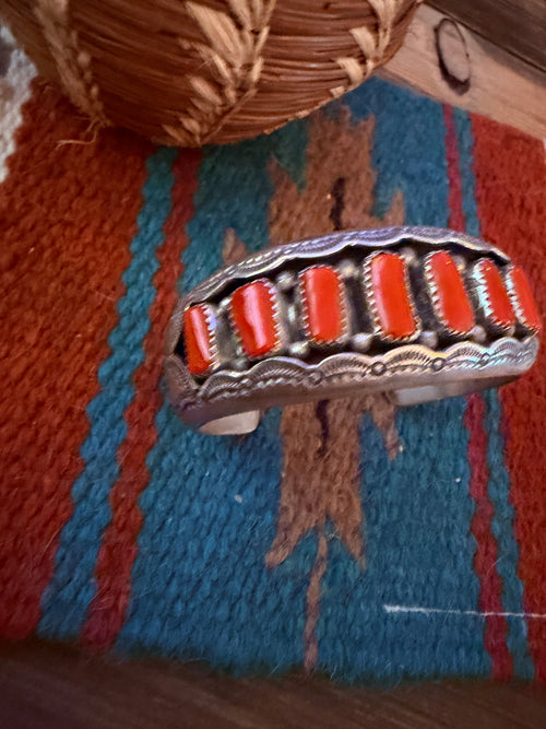 Handcrafted Old Pawn Sterling Silver & Coral Shadowbox Cuff Bracelet, Signed W.M.