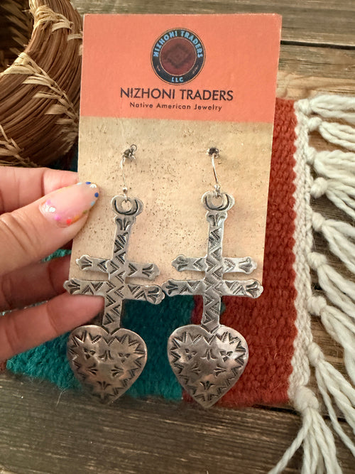 Old Pawn Handcrafted Sterling Silver Heart Cross Dangle Earrings