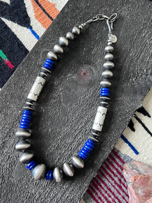 Handcrafted Sterling Silver and Lapis Lazuli Single Strand Beaded Statement Necklace by Rose Martin, 16” + 2”