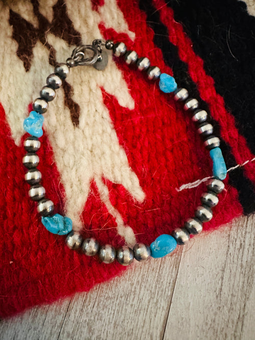 Navajo Turquoise & Sterling Silver Beaded Bracelet 7.5 inch