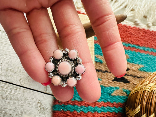 Navajo Sterling Silver & Queen Pink Conch Cluster Adjustable Ring