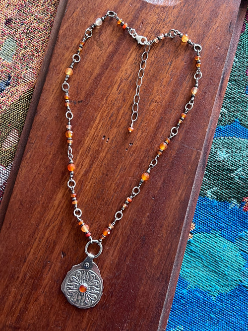 Tularosa Rosary Style Sterling Silver and Carnelian Relic Coin Necklace