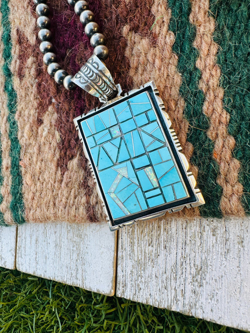Old Pawn Handcrafted Turquoise, Opal and Sterling Silver Inlay Pendant