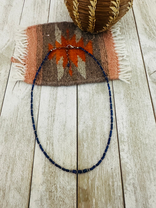 Navajo Lapis & Sterling Silver 16” Beaded Necklace