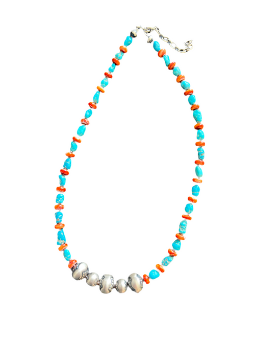 Artisan Kingman Turquoise, Spiny Oyster and Sterling Silver Bead Necklace