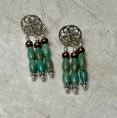Three Beaded Turquoise Strands Sterling Silver Copper Earrings