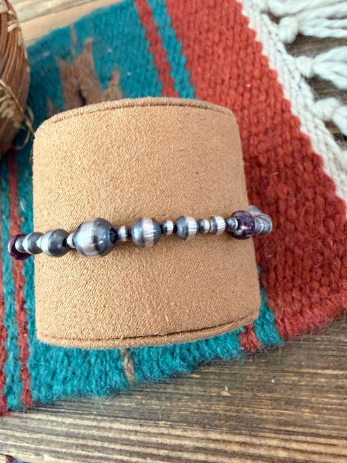 Handcrafted Purple Spiny Oyster & Sterling Silver Pearl Beaded Bracelet