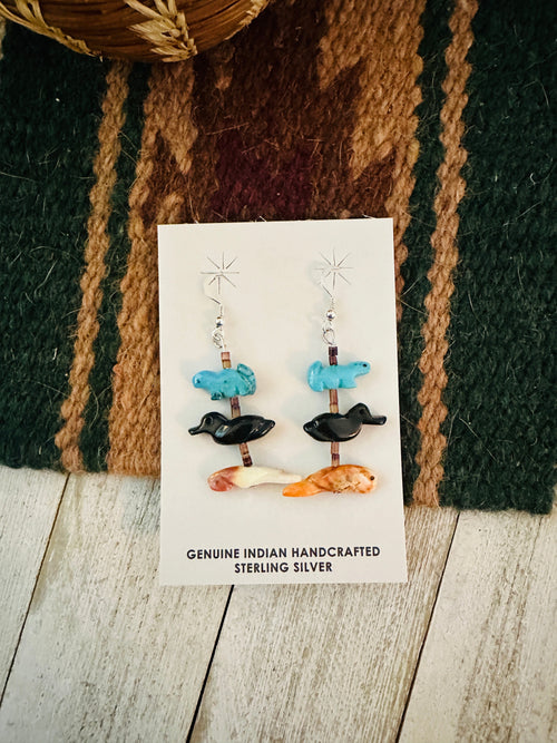 Zuni Multi Stone Beaded Fetish Dangle Earrings