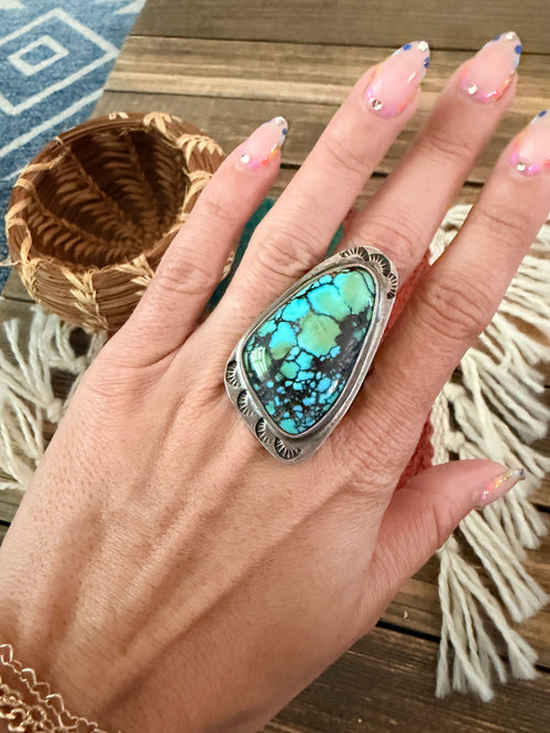 Old Pawn Handcrafted Hubei Turquoise & Sterling Silver Ring Size 10.25