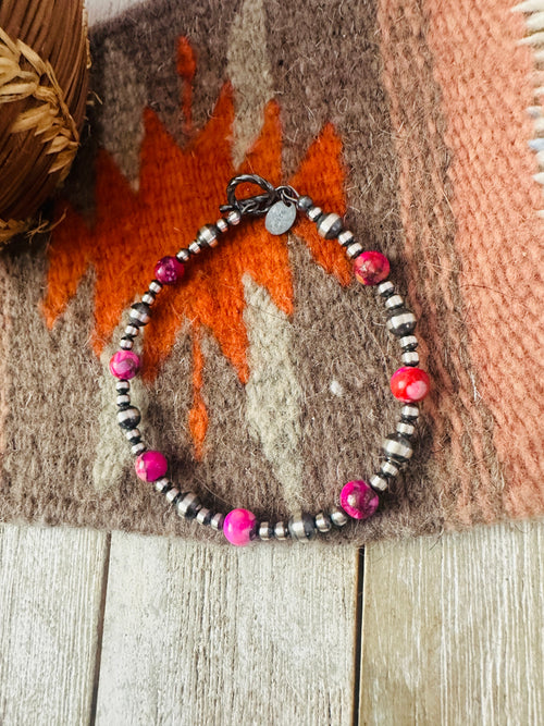 Navajo Pink Mojave and Sterling Silver Pearl Beaded Bracelet