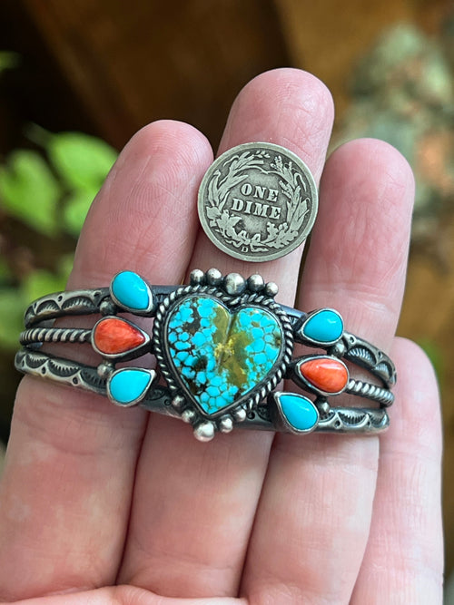 Handcrafted Split Sterling Silver, Kingman Turquoise Heart & Spiny Oyster Cuff Bracelet by Diane Wylie