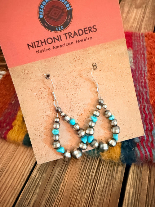 Handcrafted Turquoise & Sterling Silver Pearl Beaded Dangle Hoop Earrings