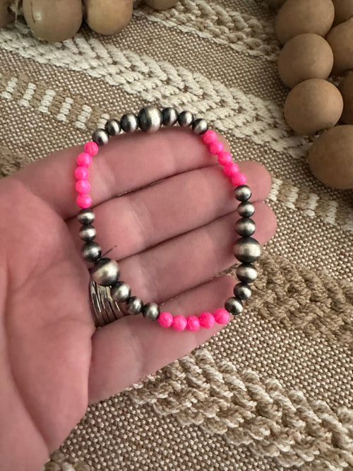 Handmade Hot Pink Fire Opal & Sterling Silver Beaded Bracelet