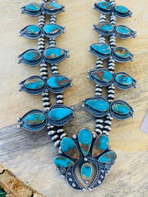 Handcrafted Sterling Silver & Royston Turquoise Beaded Squash Style Necklace Set by Jaqueline Silver