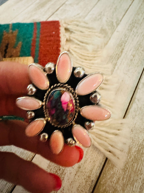 Navajo Sterling Silver, Queen Pink Conch & Pink Dream Cluster Adjustable Ring