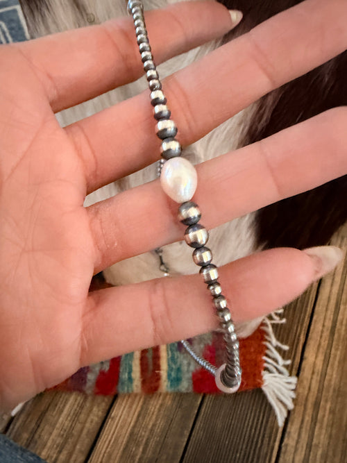 Handcrafted Mother of Pearl and Sterling Silver Pearl Beaded Necklace